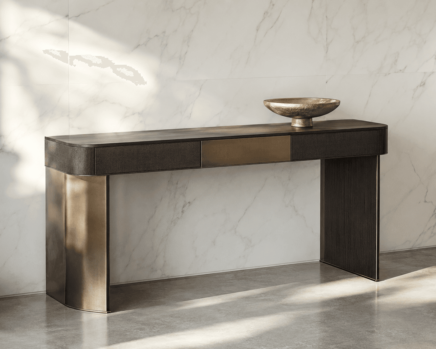 Étude FINO Atelier — console sur mesure en bois foncé et finitions métalliques