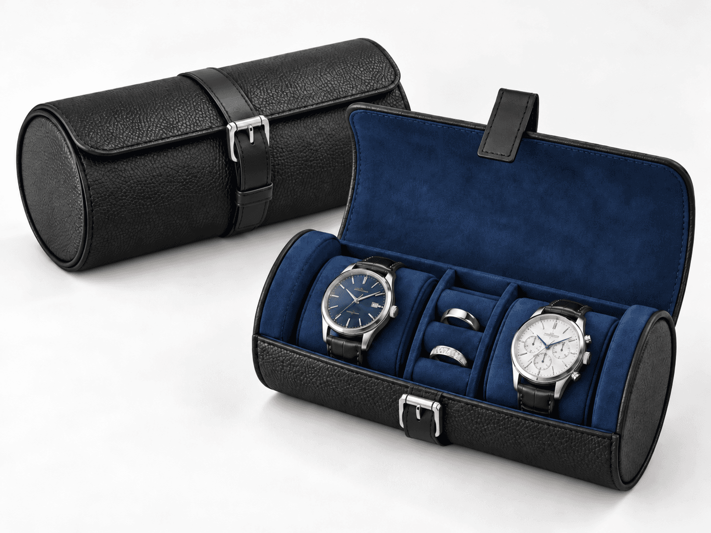 Étude FINO Atelier — étui horloger en cuir noir avec intérieur bleu