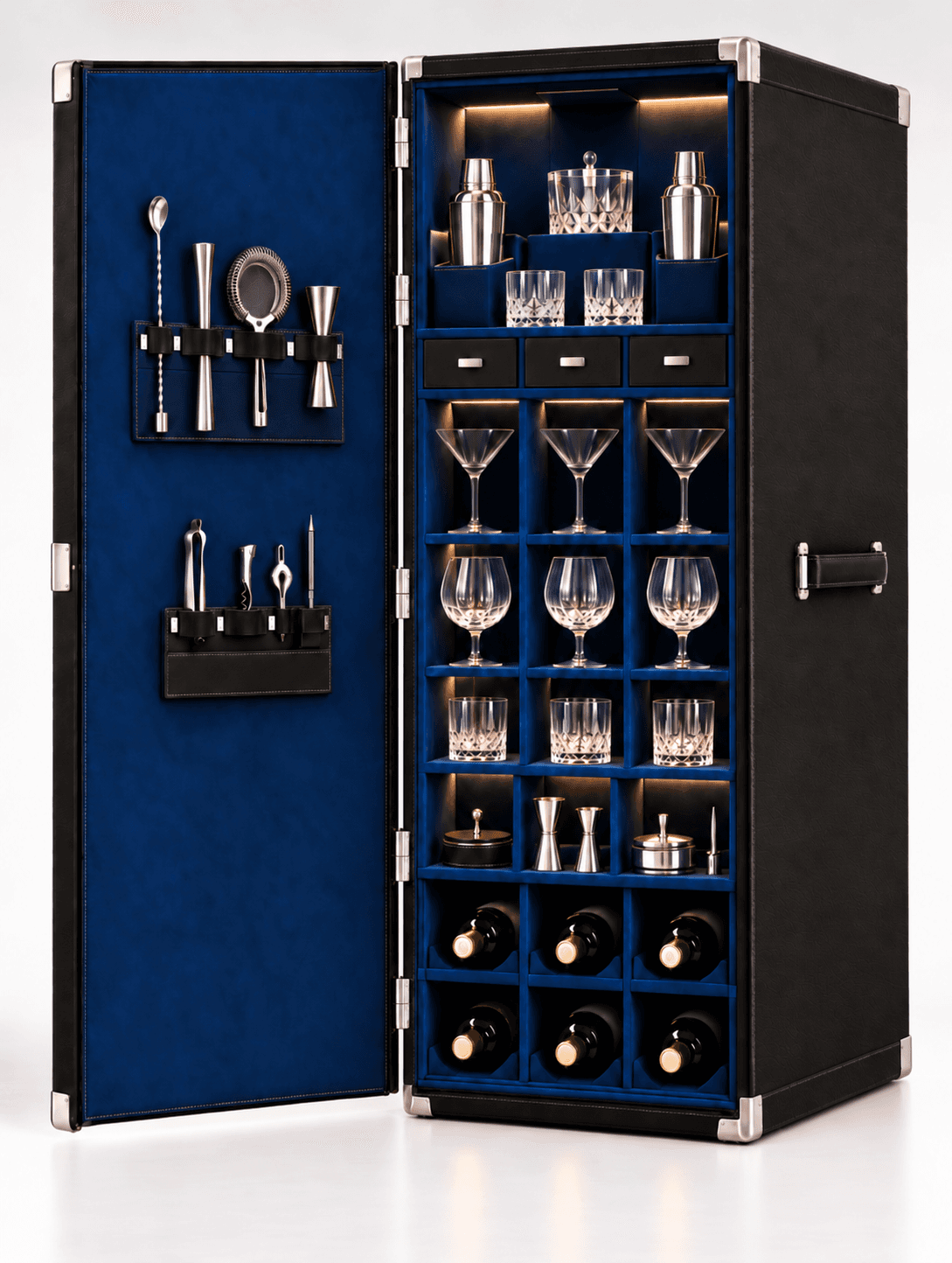 Étude FINO Atelier — malle bar ouverte, cuir noir, intérieur bleu profond