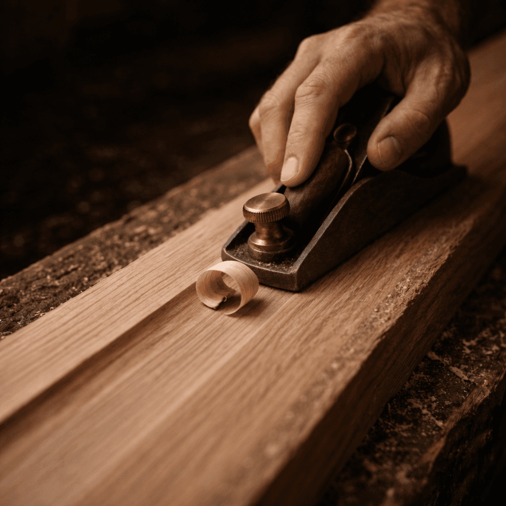 Atelier — geste précis du rabot sur le bois
